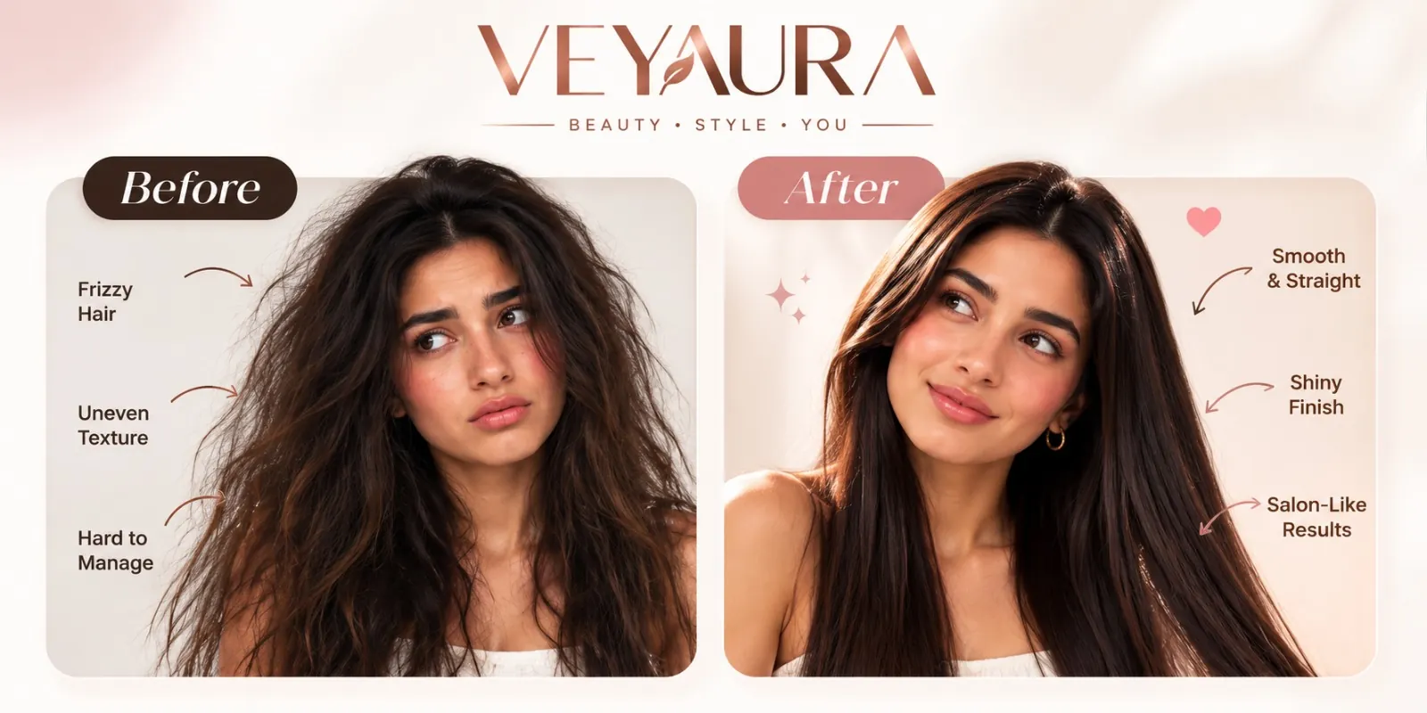 Side-by-side styling presentation showing textured hair before and a smoother straight finish after