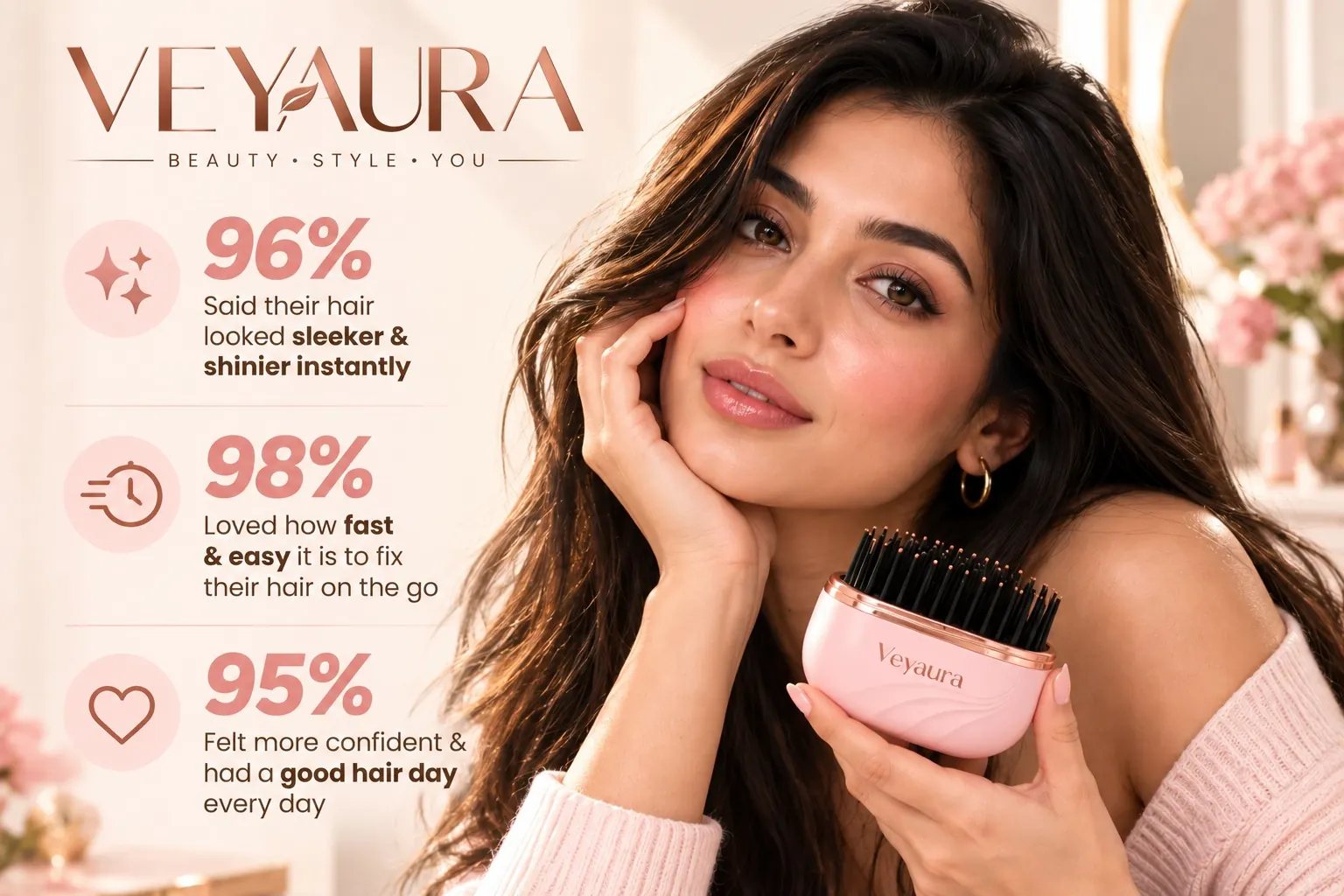 Veyaura campaign artwork showing a woman holding the pink Pocket Styler