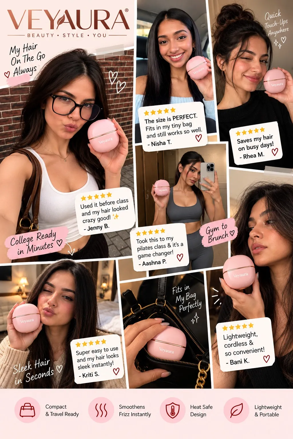 Veyaura lifestyle moodboard featuring the compact pink Pocket Styler