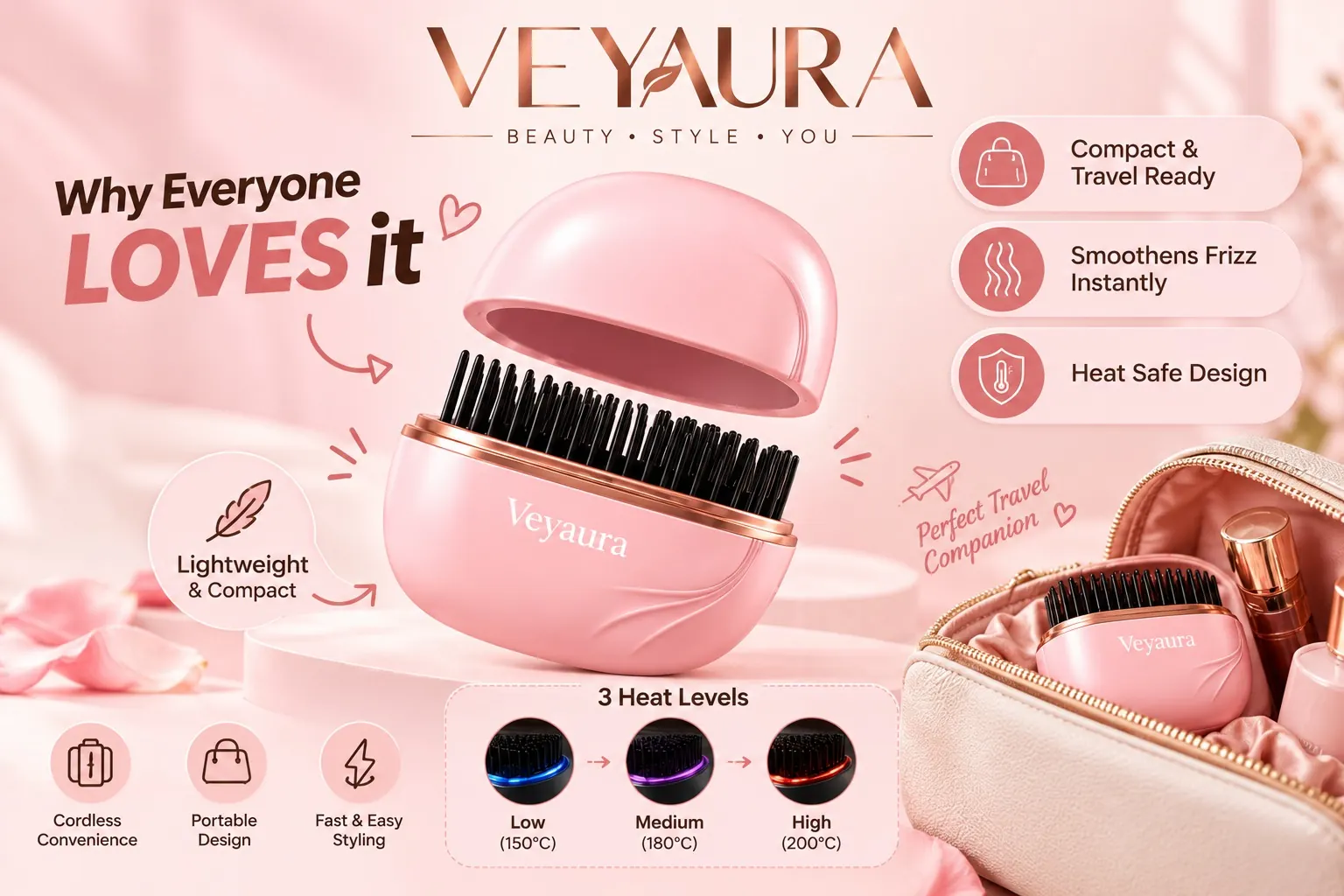 Pink Veyaura Pocket Styler with travel pouch and styling feature callouts
