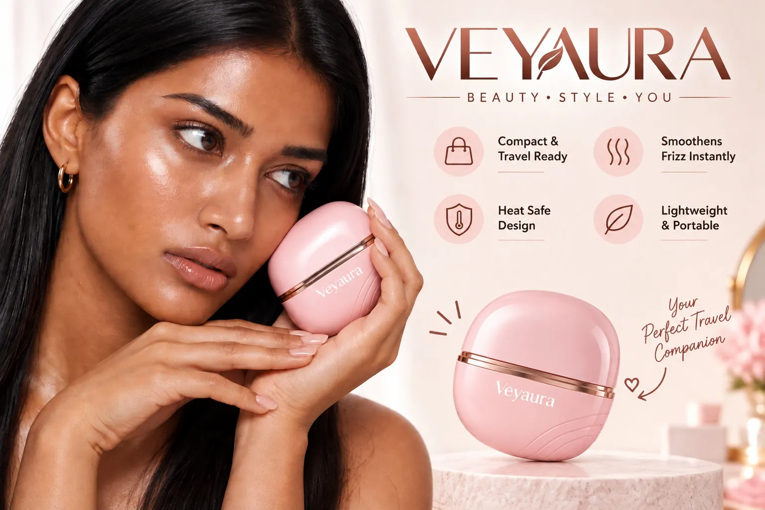 Woman holding the compact pink Veyaura styler beside portable styling highlights