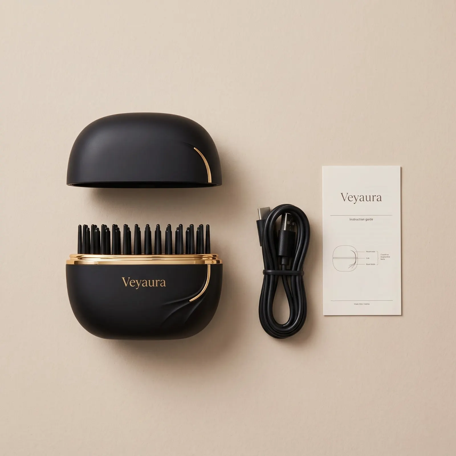 Black Veyaura Pocket Styler kit arranged on a warm neutral background