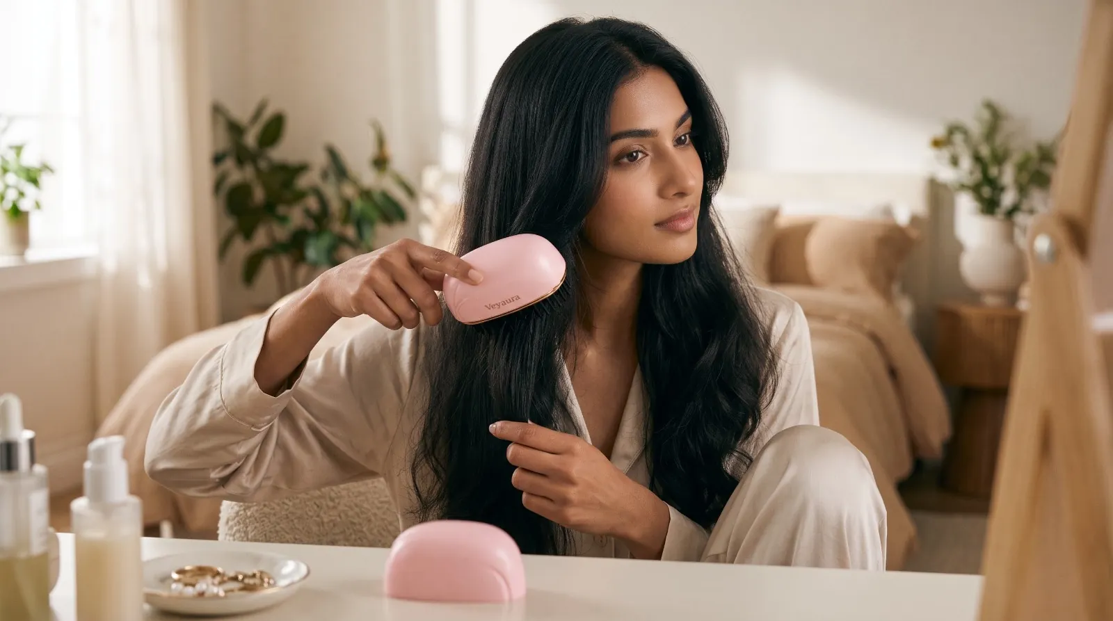 Woman styling her hair with the pink Veyaura Pocket Styler
