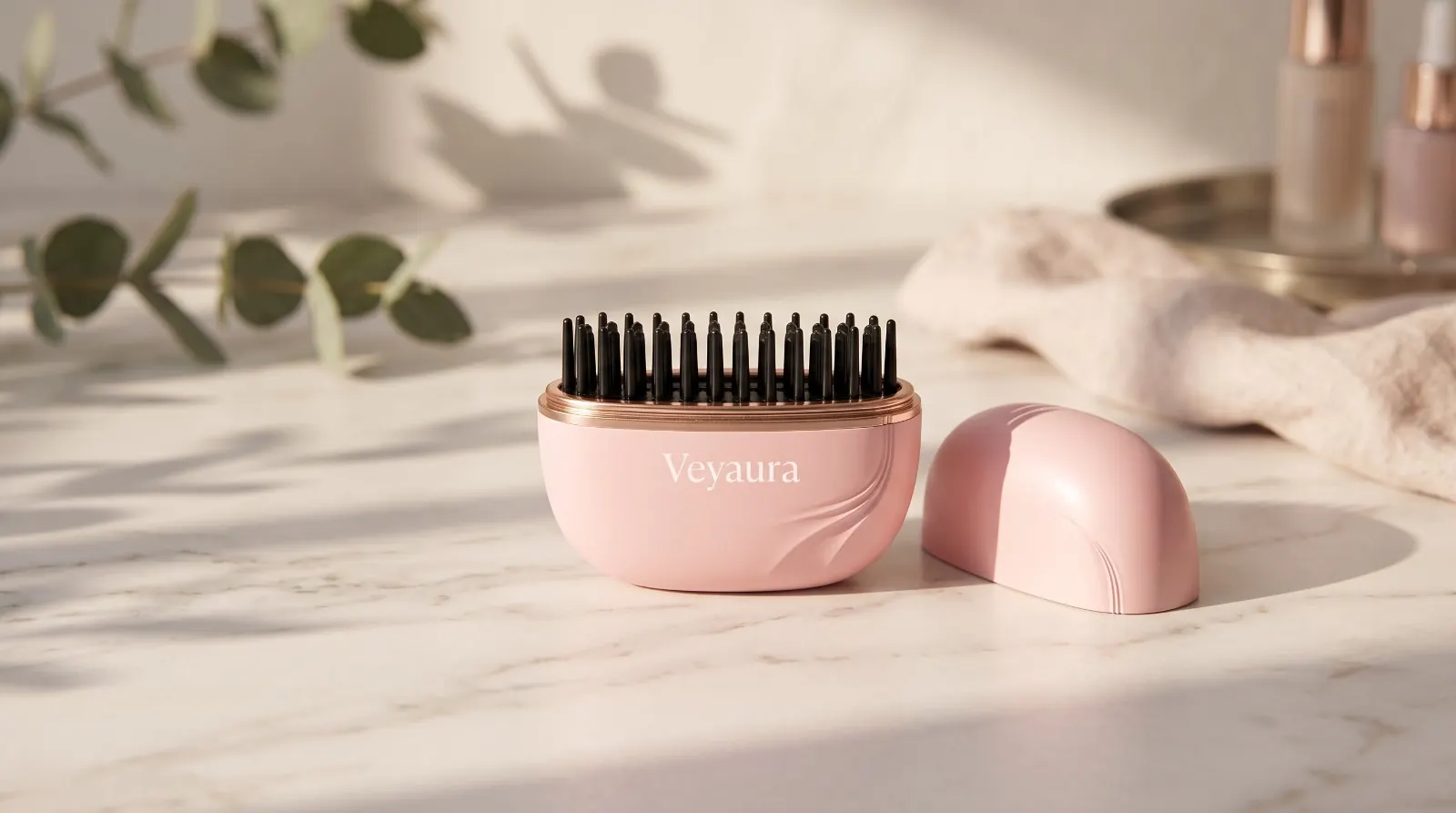 Pink Veyaura Pocket Styler on a marble vanity